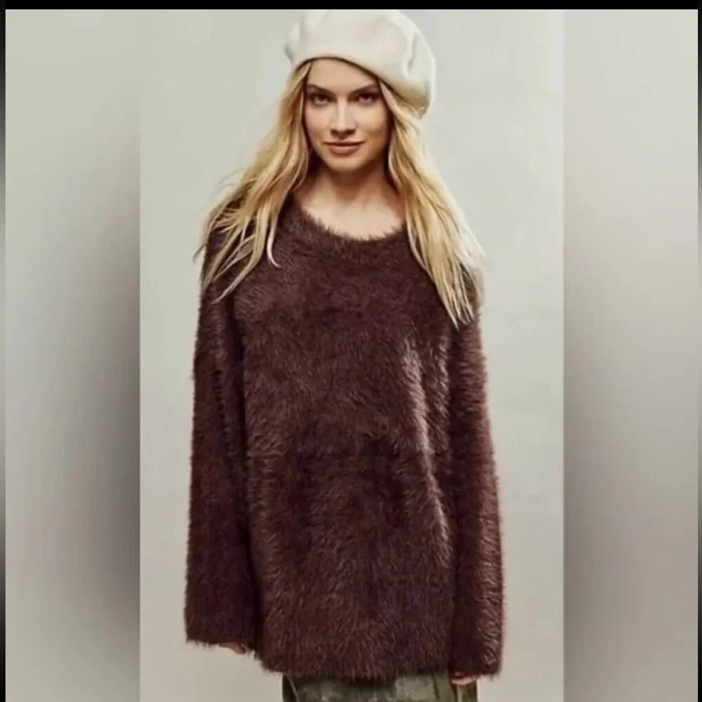 Free People Harrison Bunny Fuzzy Oversized Crew Chocolate Brown NWOT Size L
